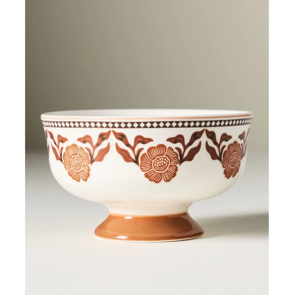 Anthropologie Bowl Reverie Orange Floral Footed Nut Dessert Dish Fall Set 2
